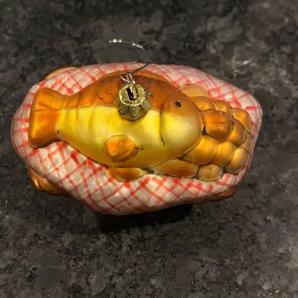 Department 56 fish and loaves Christmas tree ornament glass gold basket bread